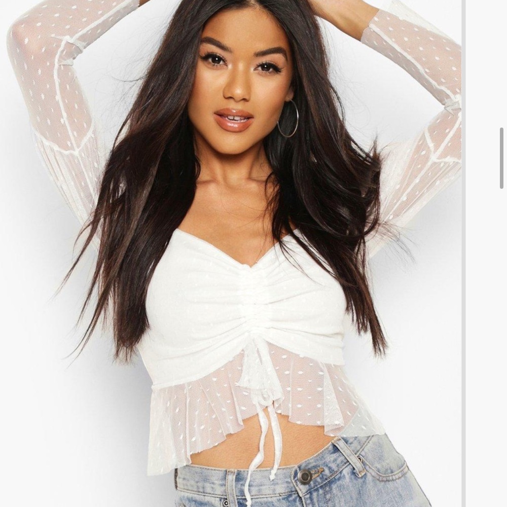 Boohoo Dobby Mesh Puff Sleeve Tie Front Top